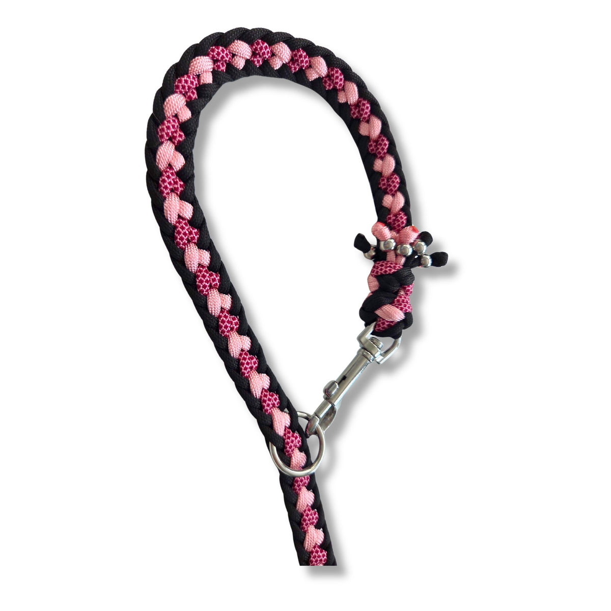 Hundeleine mit Herzen in rosa und schwarz, 2 cm breit, flach geflochten, Herzchenleine