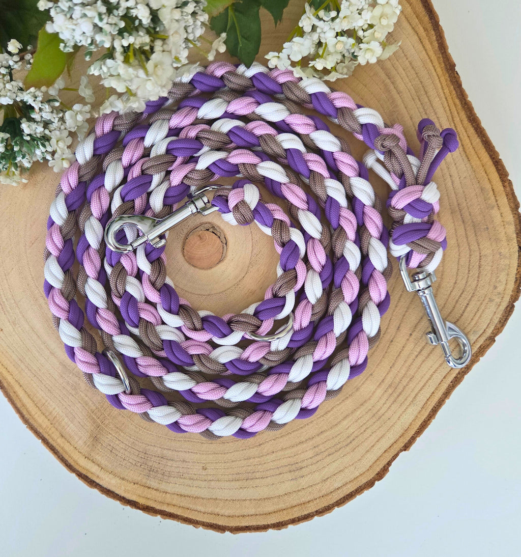 Hundeleine & Halsband Set lila taupe weiß – verstellbares Hunde Set, breites Halsband für mittelgroße und große Hunde