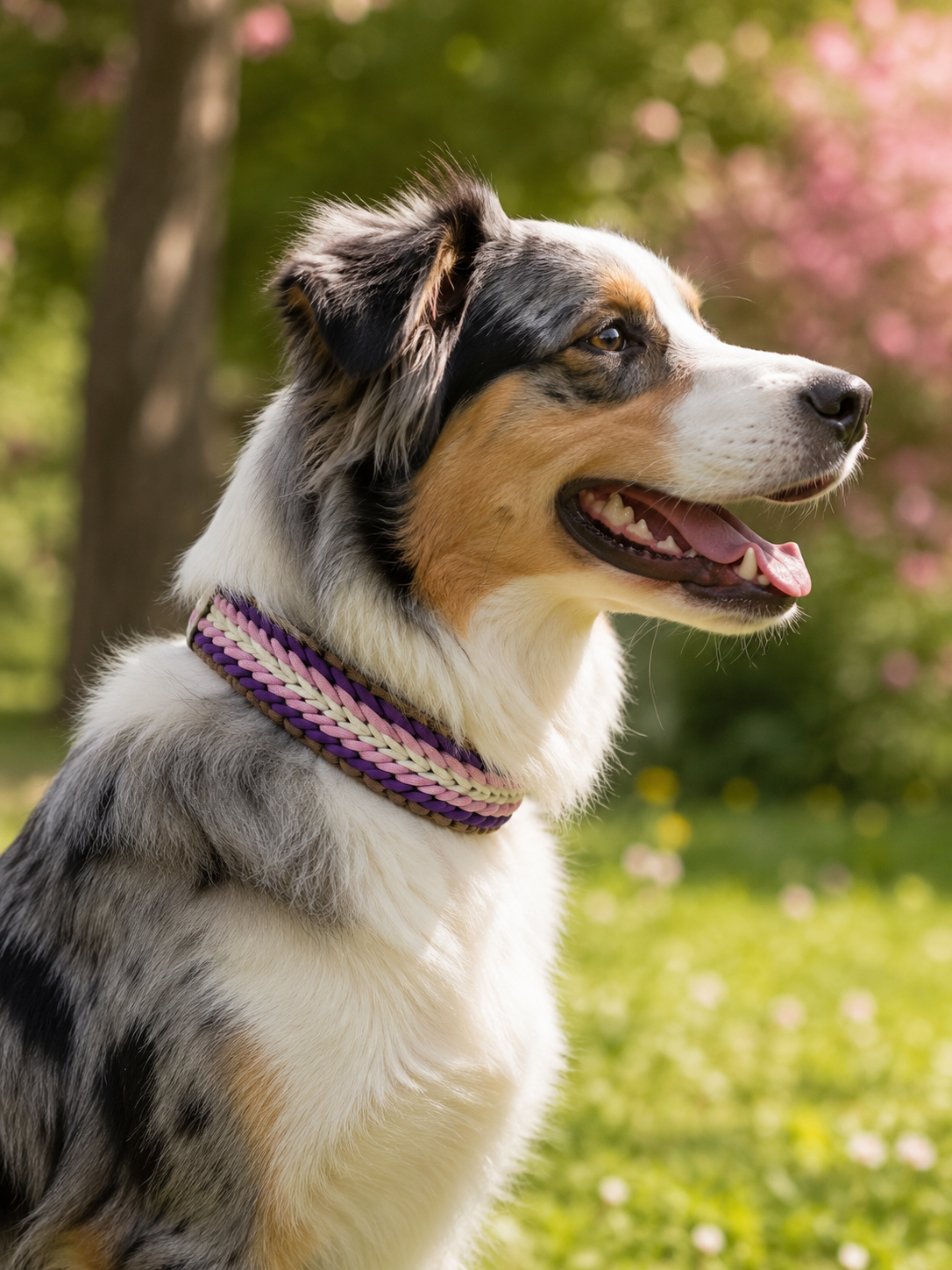 Hundeleine & Halsband Set lila taupe weiß – verstellbares Hunde Set, breites Halsband für mittelgroße und große Hunde