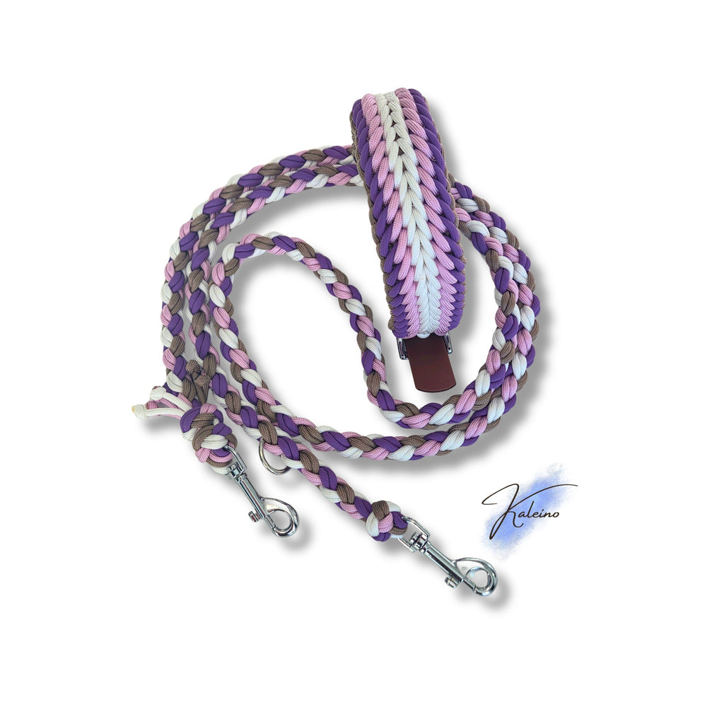 Hundeleine & Halsband Set lila taupe weiß – verstellbares Hunde Set, breites Halsband für mittelgroße und große Hunde