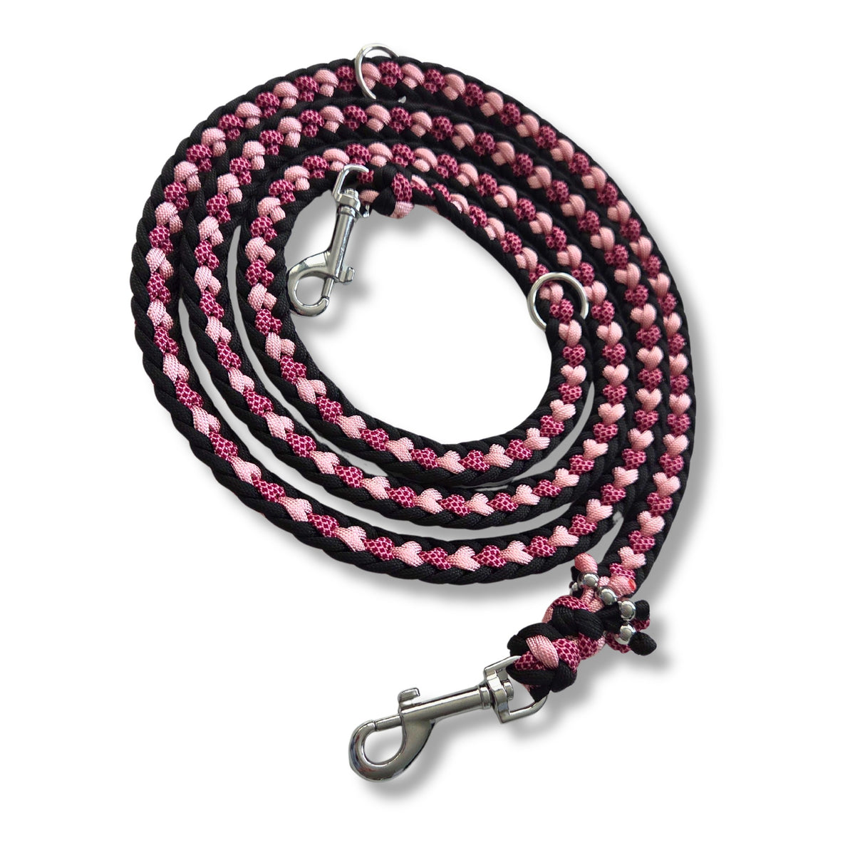 Hundeleine mit Herzen in rosa und schwarz, 2 cm breit, flach geflochten, Herzchenleine