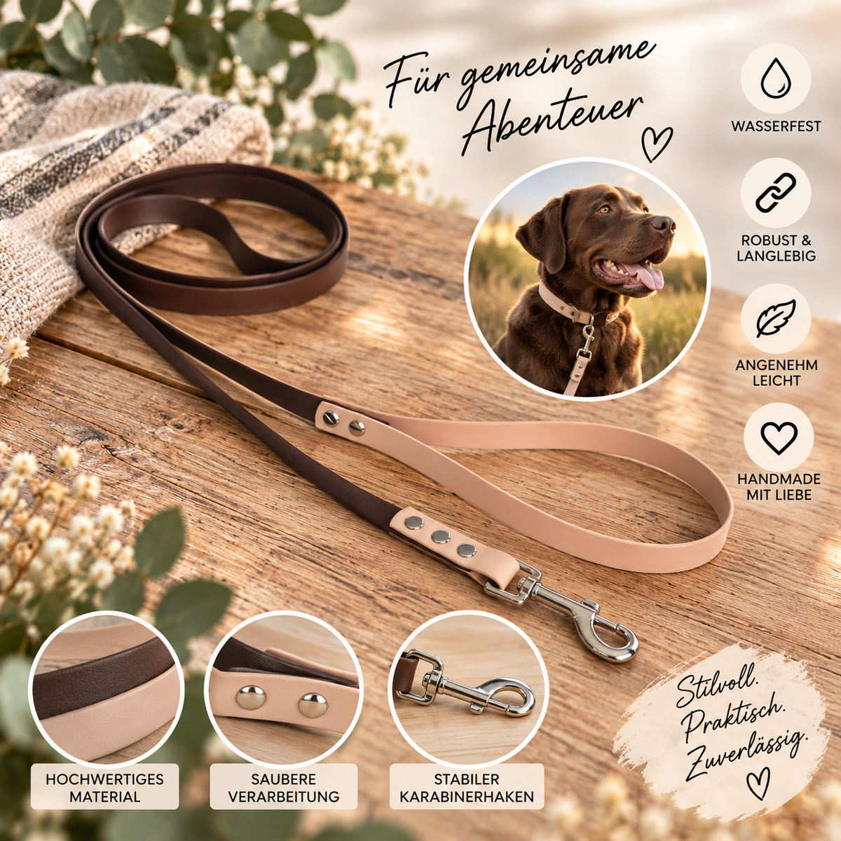 Beige-Braune Biothane Hundeleine mit Handschlaufe, wasserfest & schmutzabweisend, handgemachte Führleine, robust Leine für kleine und große Hunde