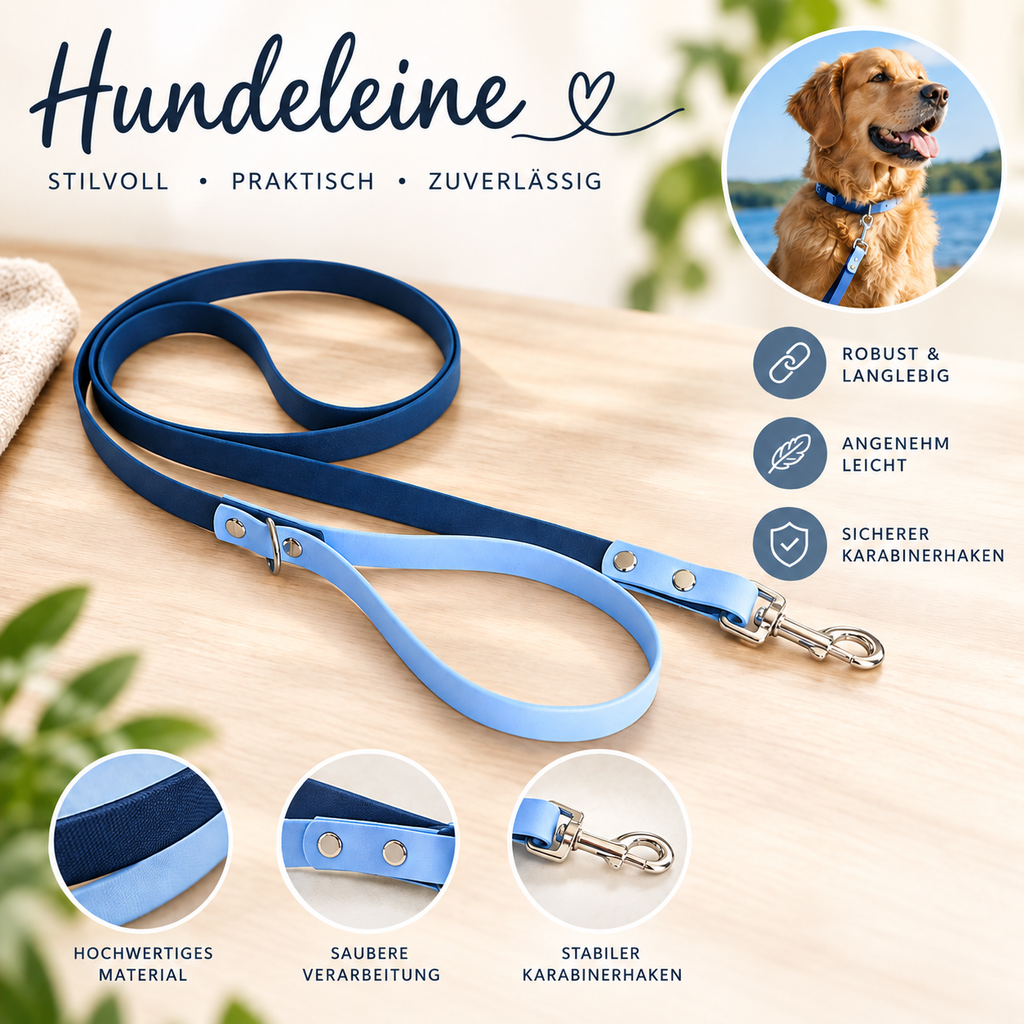 Detailansicht der blauen Biothane Hundeleine mit Nieten, Handschlaufe und Karabiner