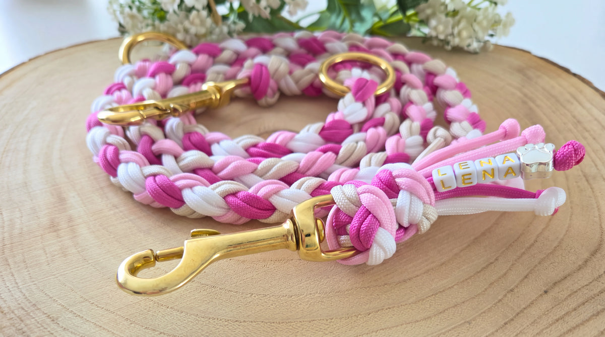 Hundeleine & Halsband Set rosa, creme und weiß– verstellbares Hunde Set, breites Halsband für mittelgroße und große Hunde